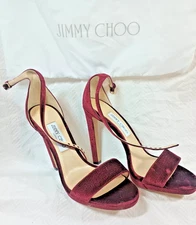 Jimmy Choo velvet stilettos, deep red, size 40 (9.5), open toe. DS07