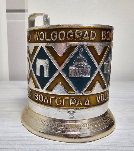 Porta tazze da tè vintage sovietico Podstakannik alluminio Volgograd URSS - Foto 4 di 15