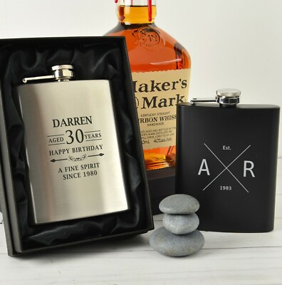 Birthday Personalised Engraved 7oz Black Silver Hip Flask Birthday Present Gift