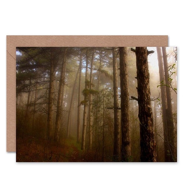 Birthday Painting Hazy Pine Forest Scene Blank Greeting Card With Envelope-image