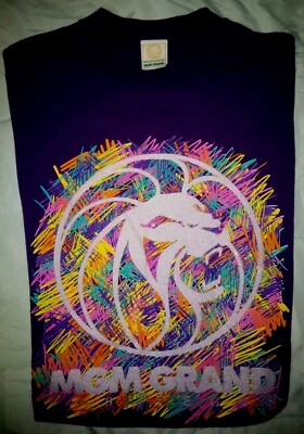 VTG- MGM Grand Las Vegas T-Shirt Purple Spatter Print Lion Logo Adult XL 1993'