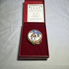 HALCYON DAYS OF LONDON ENGLAND FINE GOLD PLATED ENAMEL CHRISTMAS 1990 BOX W/COA