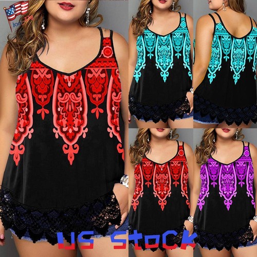 Plus Size Womens Boho Print Tank Tops Summer Tunic Vest Blouse Swing T-Shrit US