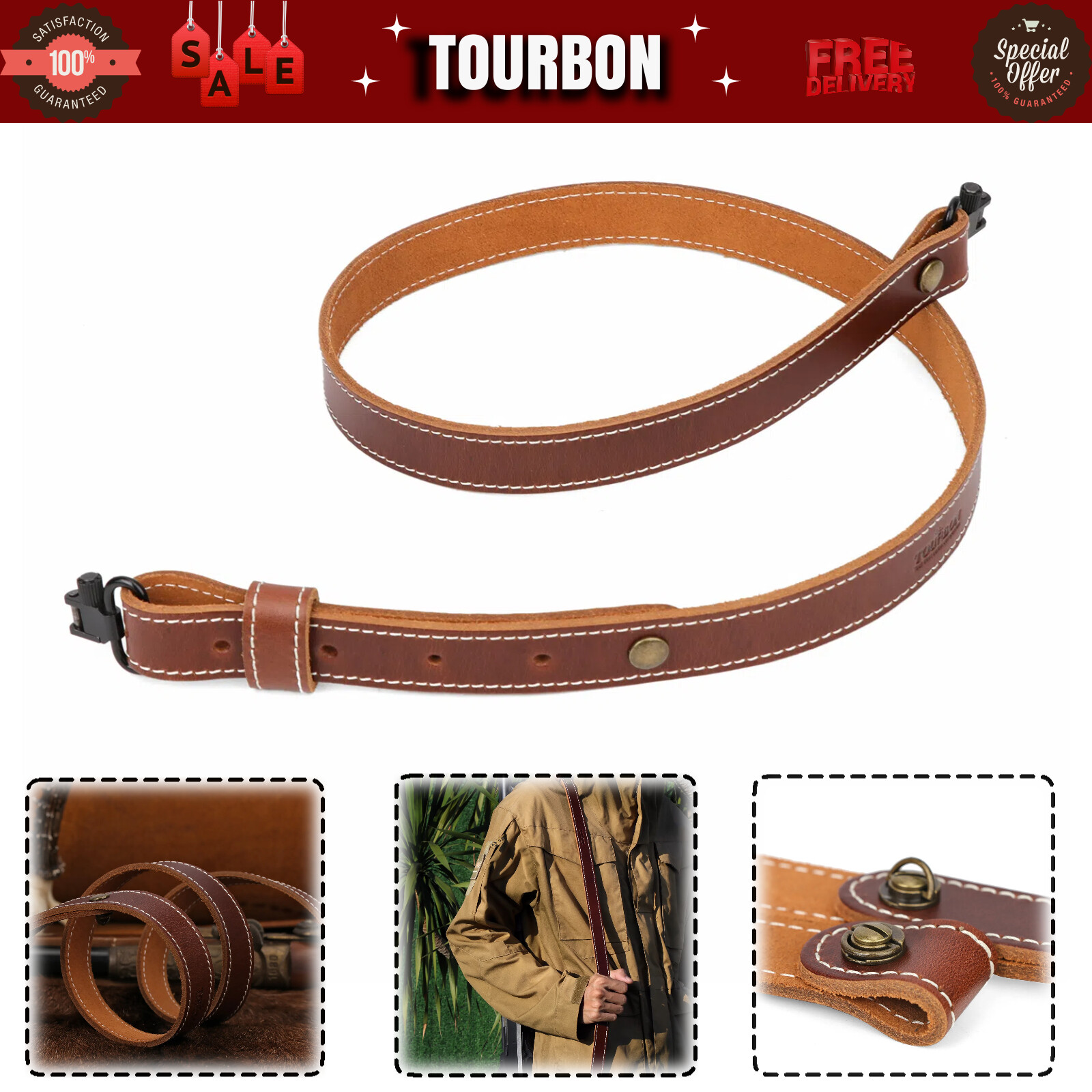 TOURBON Cowhide Leather Rifle/Shotgun Sling Strap Adjustable Gun Carrier+Swivels