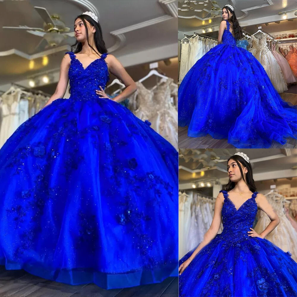 Royal Blue Quinceanera Sweet 16 Dresses Beaded Lace Appliques V Neck Ball Gowns