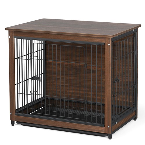 Double-Door Wooden Dog Crate Cage Bedside End Table w/ Easy Clean Removable Tray - 第 8/18 張圖片