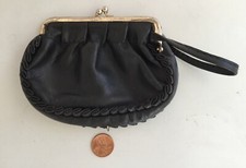 VINTAGE BLACK LEATHER DOUBLE KISS LOCK FRAME COIN CHANGE PURSE POUCH FANCY TRIM