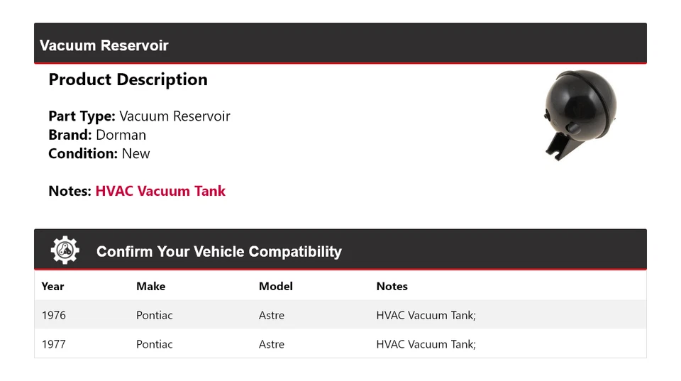 Depósito de vacío para Pontiac Astre Dorman 1976-1977 Foto 2 de 4