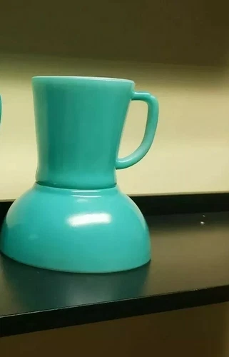 2 HTF FIRE KING ANCHOR HOCKING TEAL D HANDLE MUG & CHILI BOWL
