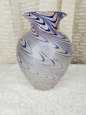 Art Glass Vase Textured Swirl loops of blues and purple, 8 3/4" Tall iridescent