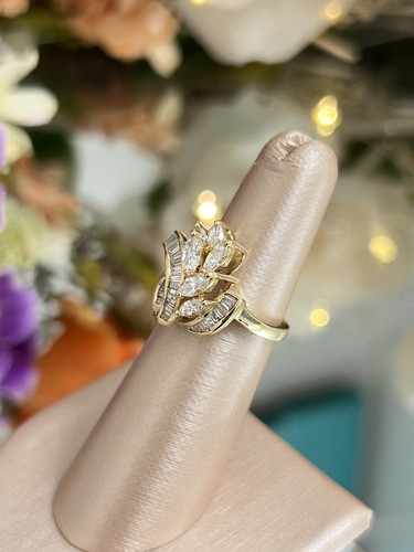 18k Yellow Gold Ladies Marquise Baguette 1.00ct Diamond Cocktail Ring Band 5.25 - Afbeelding 2 van 7