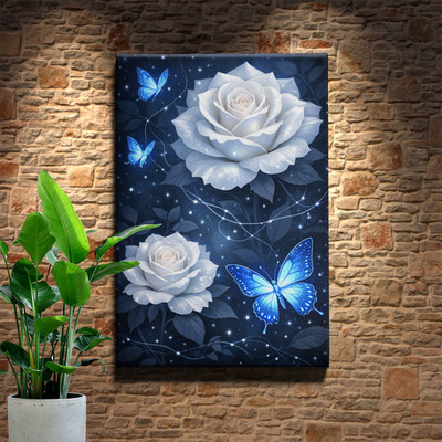 White Roses Canvas Print Blue Butterflies Night Glow Particle Effect