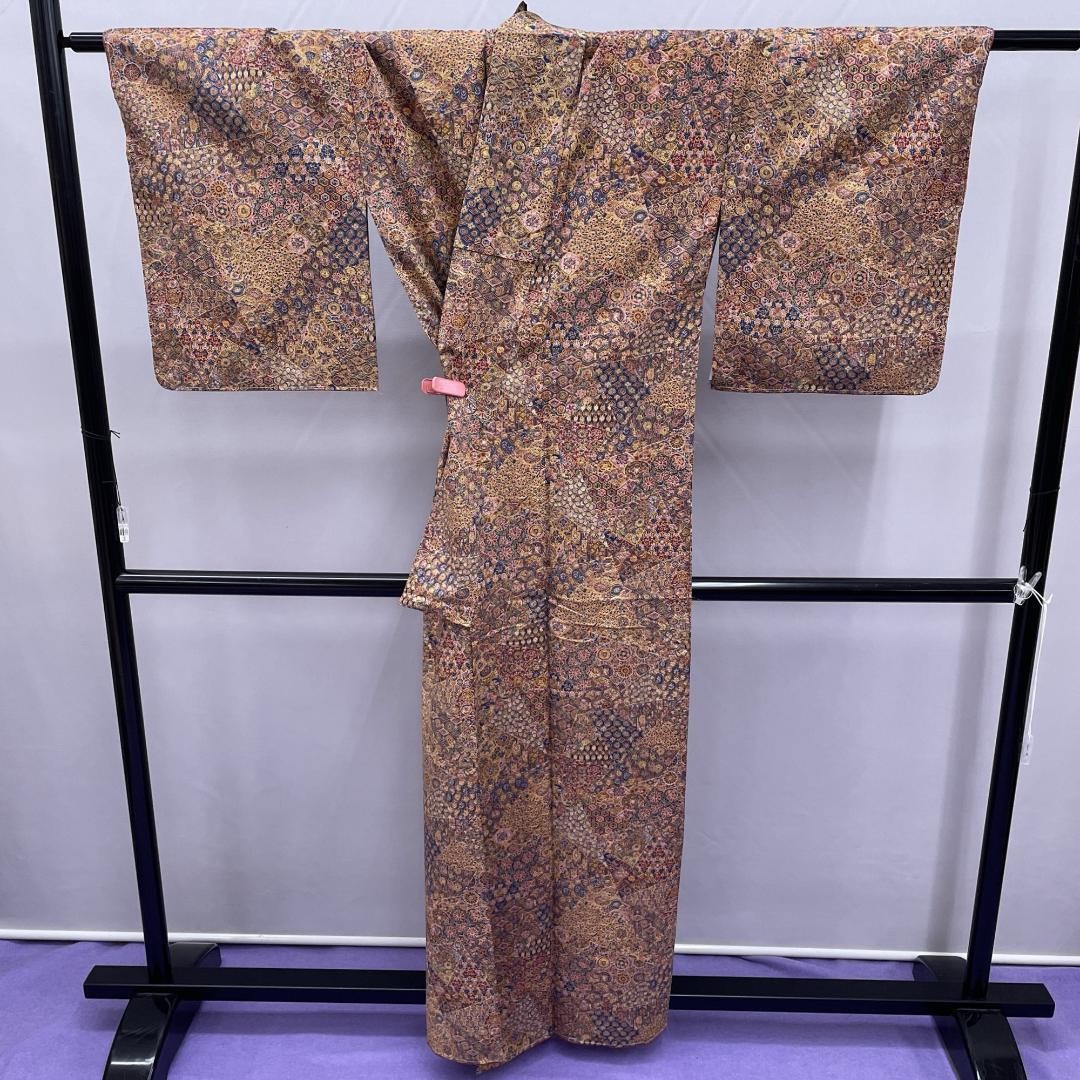 Fine Pattern Brown Navy Blue Polyester Kimono Siz… - image 6