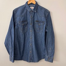 Wrangler Mens L Blue Denim Western Pearl Snap Long Sleeve Shirt Classic Cowboy