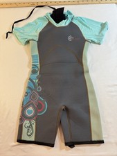 1758 Camaro Girls Shorty Wetsuit 128/6 Gray Aqua Pink Surf Swim Back Zip Suit