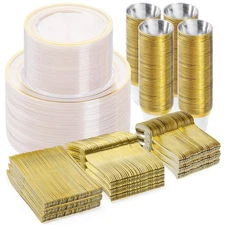 600PCS Clear Gold Dinnerware Set for 100 Guests, Plastic Plates for Party, Ch...