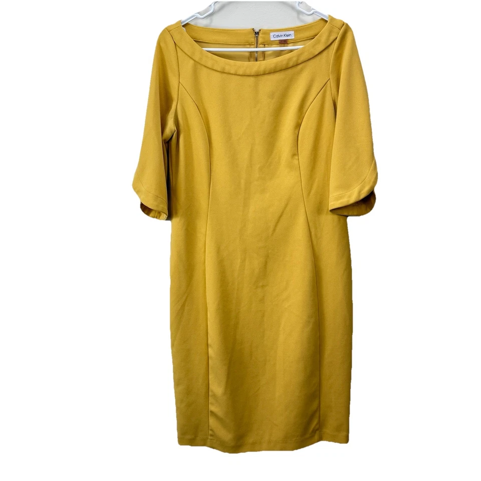 Vestido Vaina Calvin Klein Amarillo Mostaza 3/4 Manga Dividida Elástico Crepé Talla 8 Foto 2 de 4