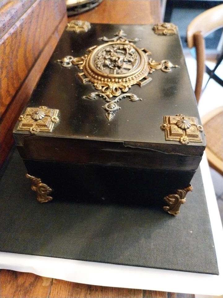 Ancien Coffre Boite Napoleon III 19ème Bronze Bois Noirci 19ème - Photo 3/4