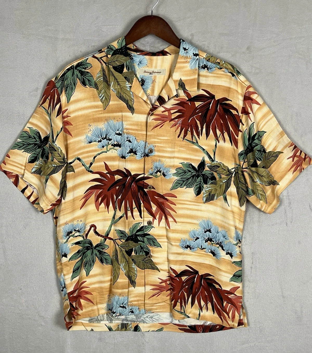 Tommy Bahama Hawaiian Shirt Men's L Orange Short Sleeve Palm Trees Resort Wear