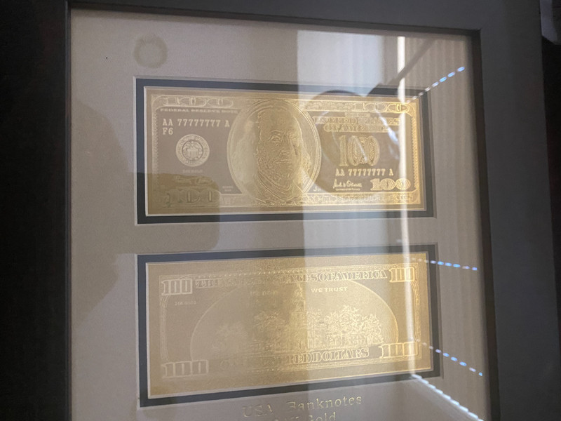 $100 USD GOLD FOIL Banknotes Display Case, 24K Gold.