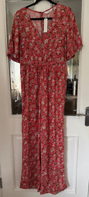 BNWT ACCESSORIZE SALMON PINK MIX V NECK PATTERNED JUMPSUIT WITH TIES - SIZE 12!!
