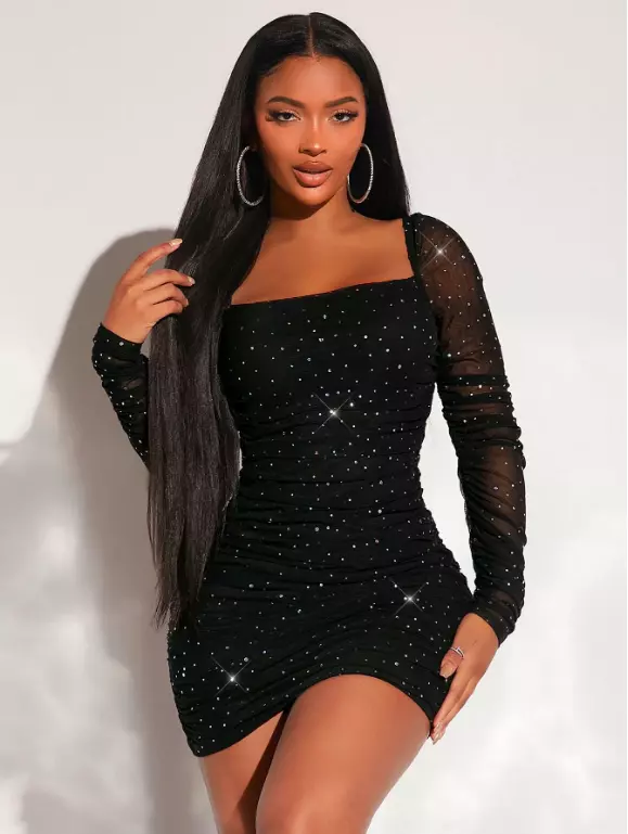 Black Midi Dress - Runched Bodycon Dress - Square Neckline Glitter