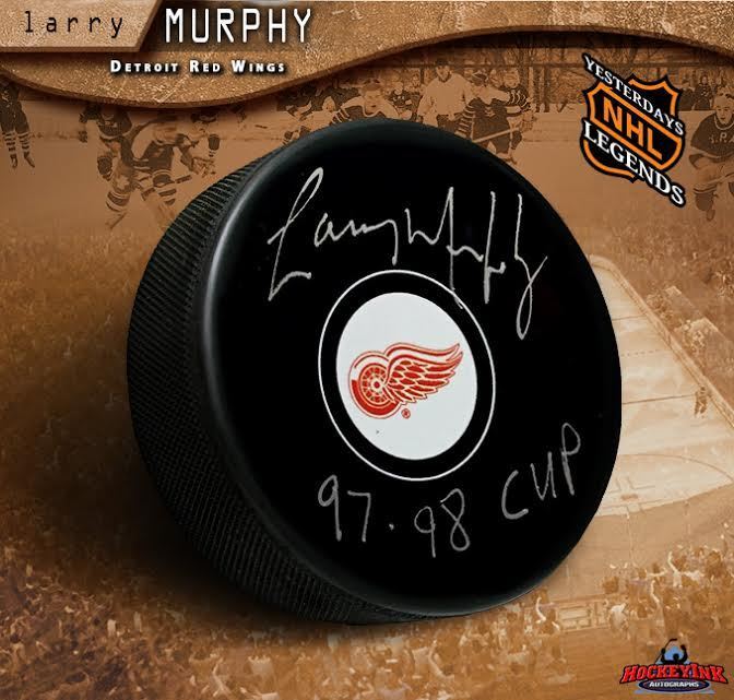 LARRY MURPHY Signed Detroit Red Wings Puck Inscribed "97 - 98 Cup"