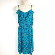 Mix & Co Womens Dress Large Green Multicolor Sleeveless Spaghetti Strap Ruffle