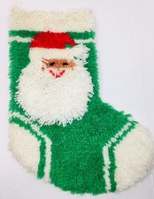 Vintage Christmas Stocking Latch Hook Rug Santa Sleigh Finished Completed 19 1/2