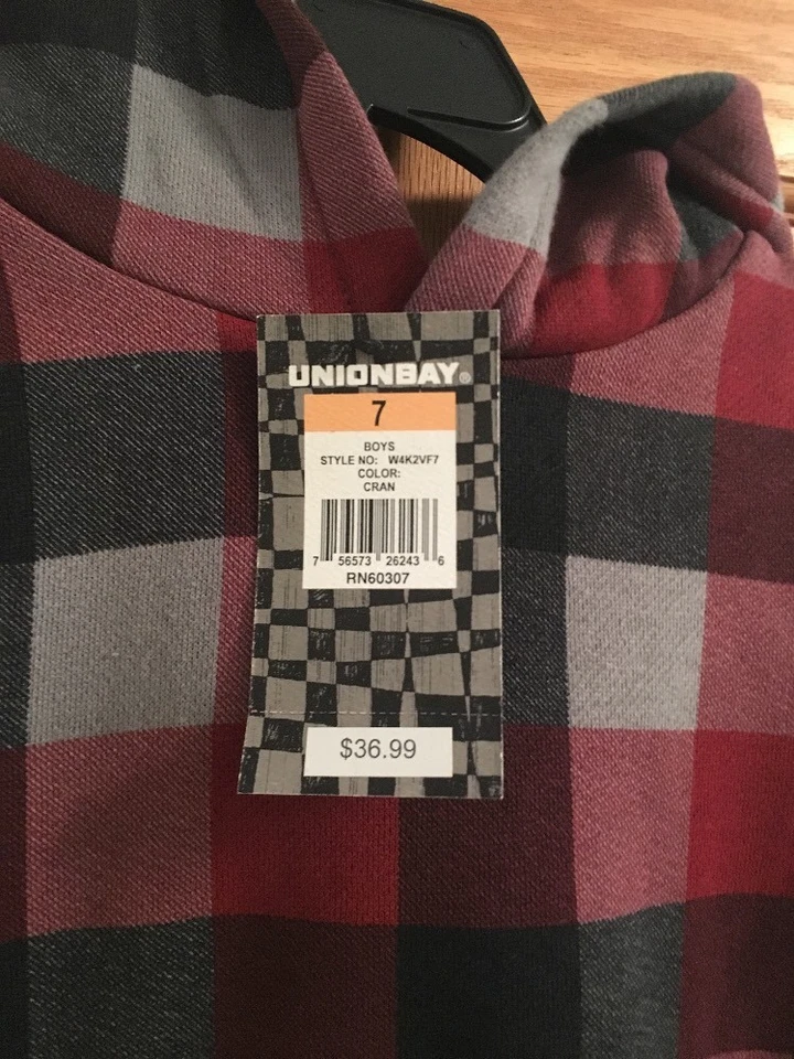 NOVO COM ETIQUETAS US$ 37 UNIONBAY BOYS 7 Cinza Vermelho Preto SWEATSHIRT Jaqueta HOODIE Dois Bolsos - Imagem 2 de 3