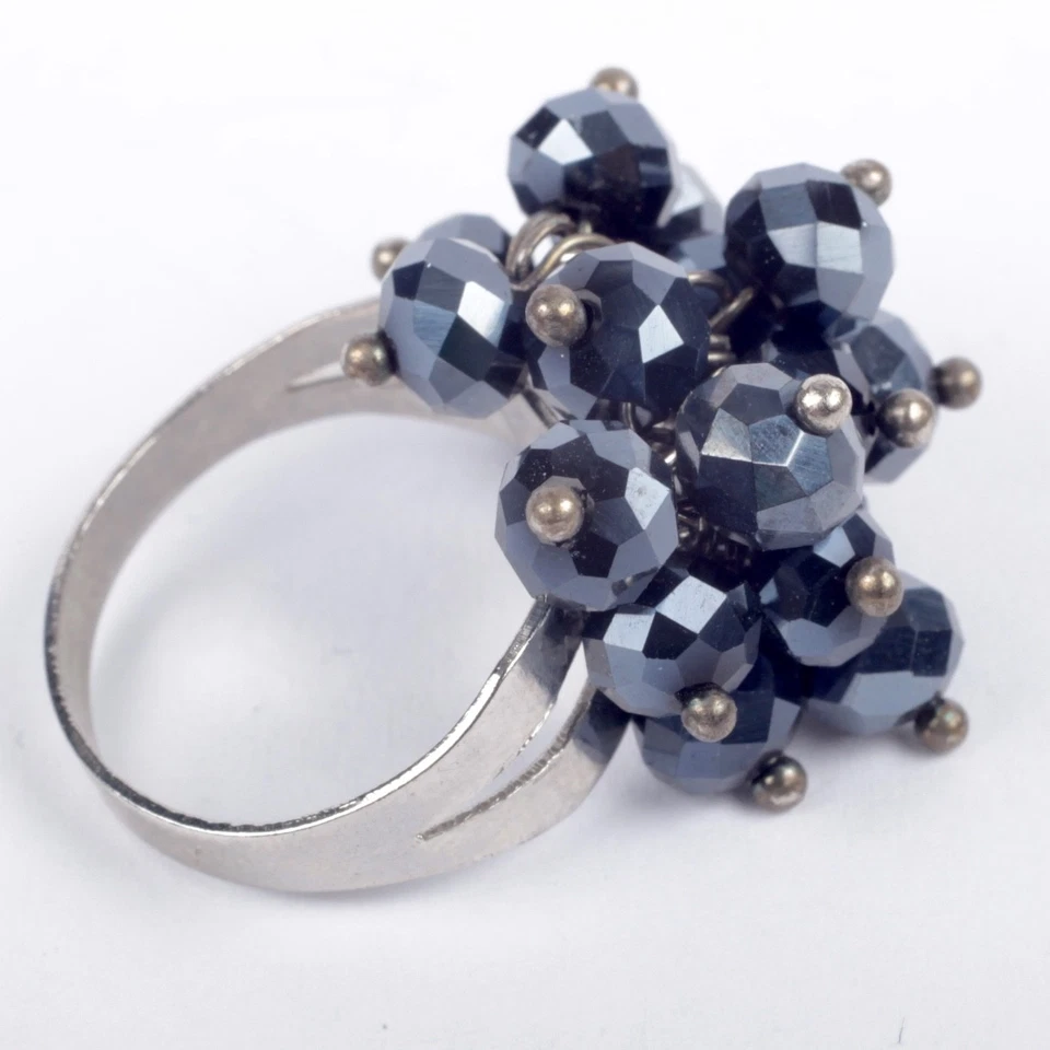 Ring Fingerring Größenverstellbar viele Glasperlen schwarz blau Metall silbern 