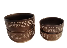 Dash Of That Bowl Set Of 4 Brown Beige Aztec Tribal Stoneware 5.5" & 4.375"
