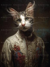 SURREAL CAT ART PRINT, Baroque Dress Feline Decor, Fantasy Kitty Nature Poster