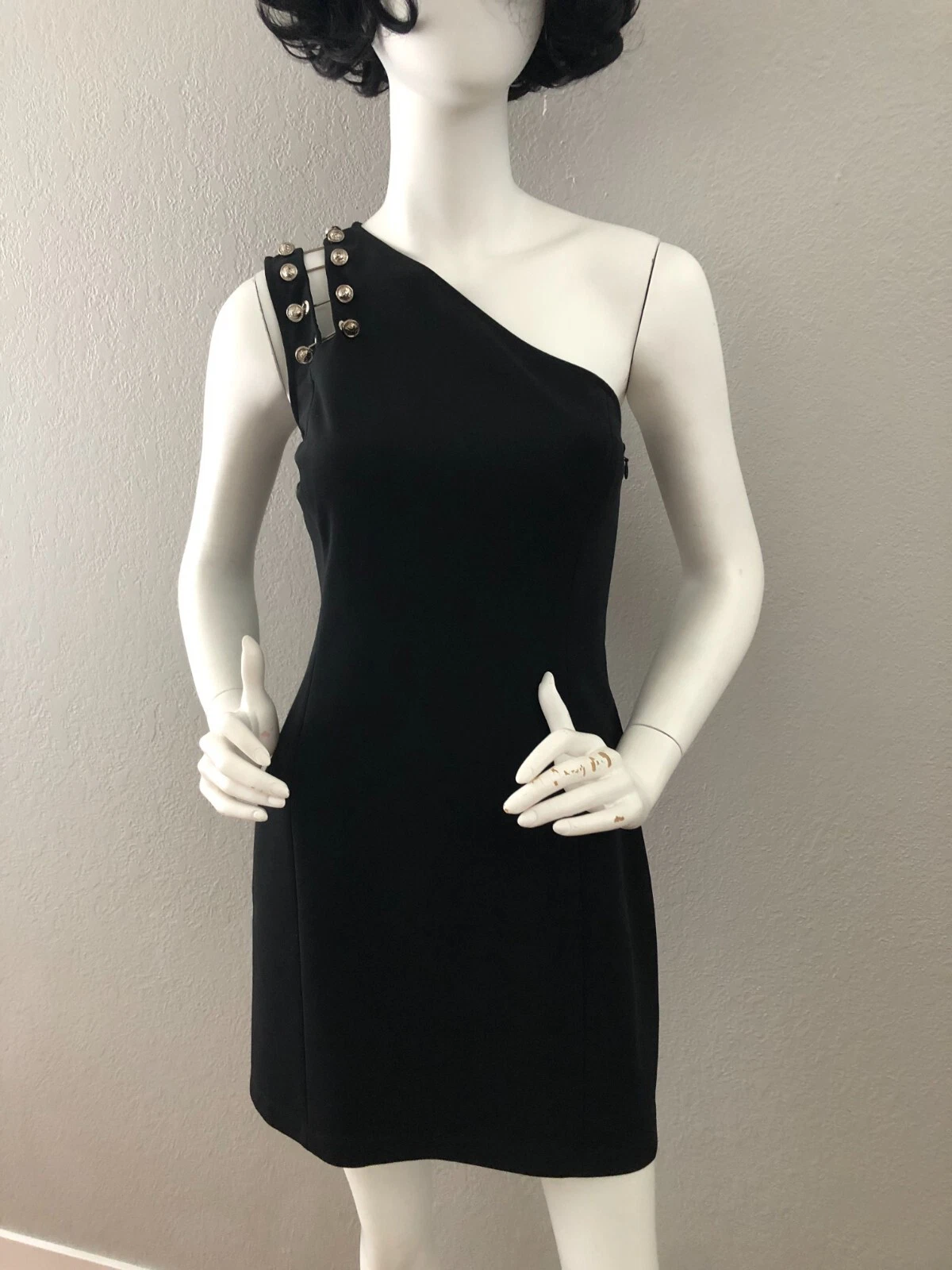 VERSUS VERSACE ABITO NERO ASIMMETRICO CON SPILLE LEONE ARGENTO IT 42 NUOVO CON ETICHETTA