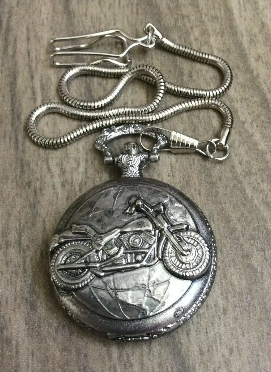 Geneva Silver Motorcycle Pocket Watch Round White Dial Black Arabic Hours New