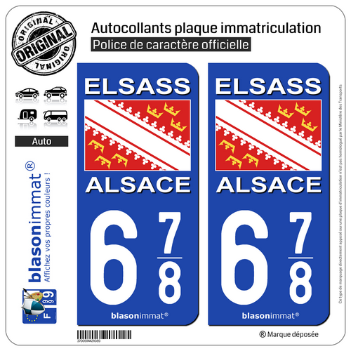 2 Autocollants plaque immatriculation auto : 678 Alsace Drapeau | 67 et 68 - Photo 1/1