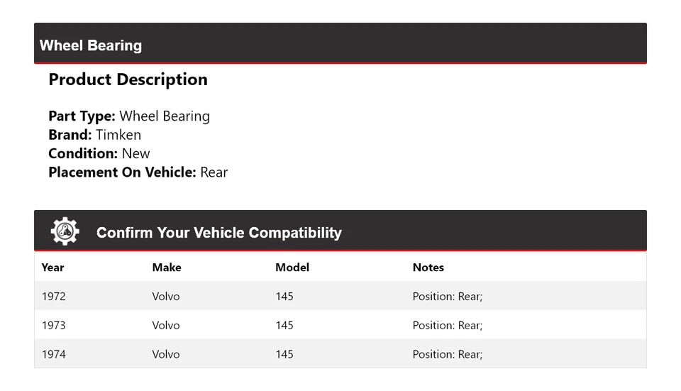 Cojinete de rueda trasero Timken 1973 para Volvo 145 1972-1974 Foto 2 de 4