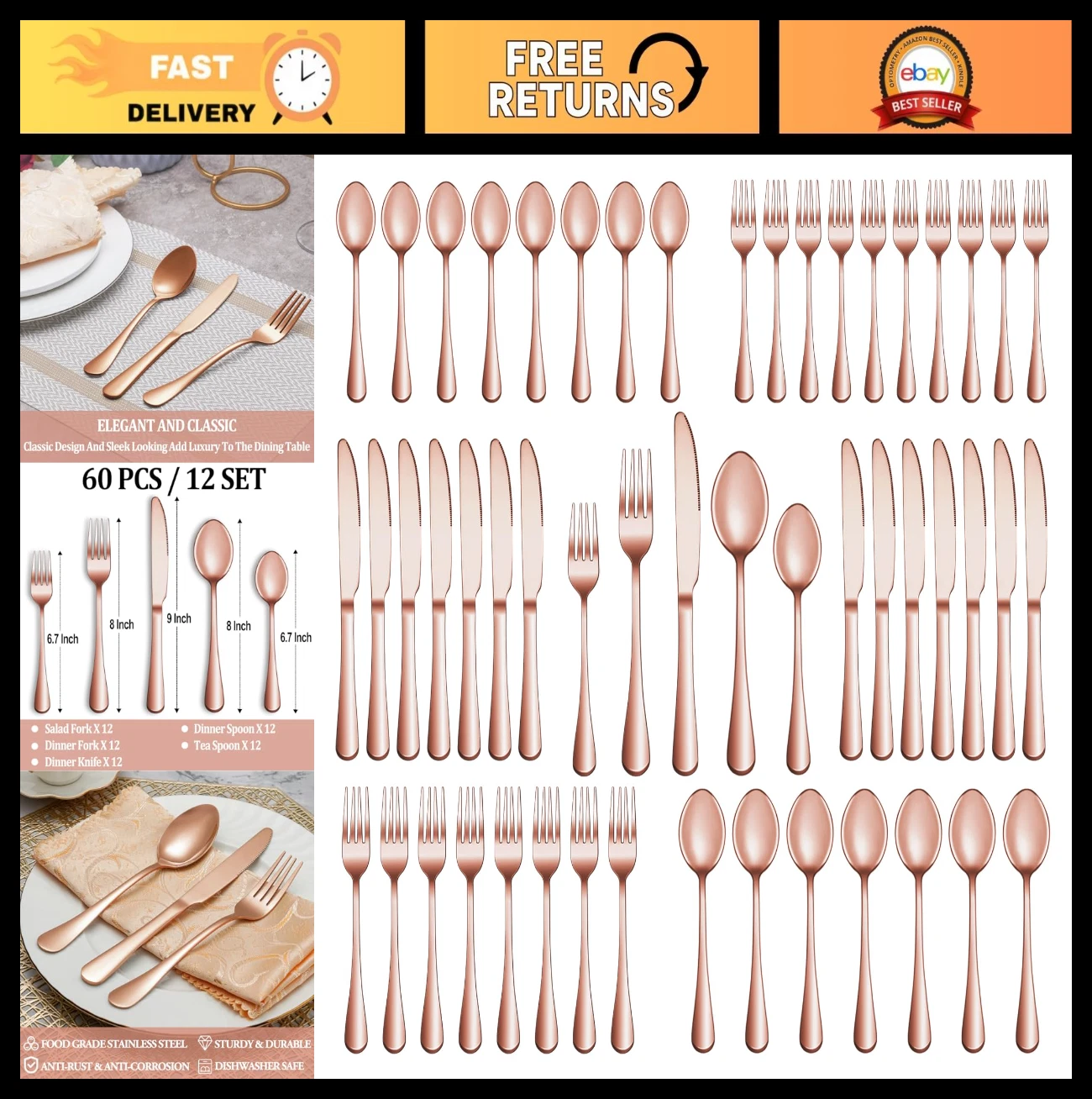 60 Pcs Premium Rose Gold Silverware Set for 12 - Stainless Steel Cutlery Utensil