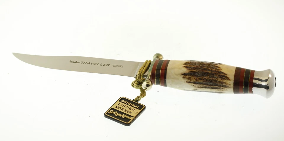 Vintage Handmade Linder Traveller Stag Handle Fixed Blade Knife w/ Sheath 8 5/8" - Image 2 of 4