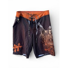 Affliction x Ozzy Osbourne Board Shorts Gothic Cross Skull Ball Swim Trunks 34