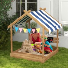 Kids Wooden Sandbox with Canopy House Style Outdoor Play Box for 3 7 Years B