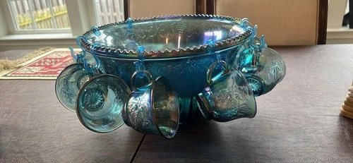 VINTAGE INDIANA GLASS IRIDESCENT BLUE HARVEST CARNIVAL GLASS PUNCH AND CUPS