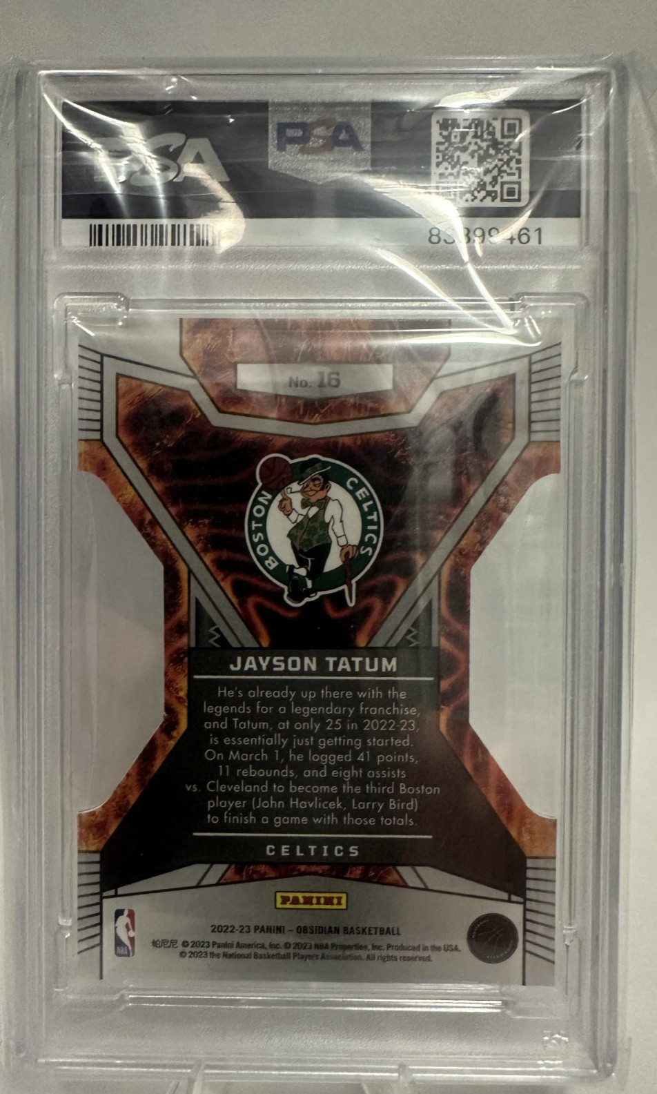 Jayson Tatum 2022-23 Panini Obsidian Volcanix Die-Cut SSP PSA 9 view 2