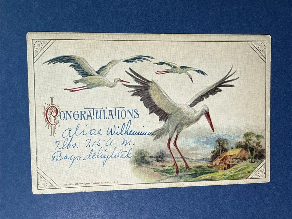 4 postales antiguas de anuncio de nacimiento. EMB, cigüeñas, bebés, información. 2 PUBL: Winsch Foto 2 de 4