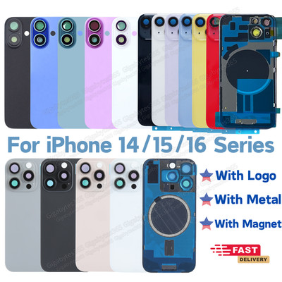 For iPhone 14Plus 15 16 Pro 16e Back Glass With Frame Replacement Rear Cover Lot