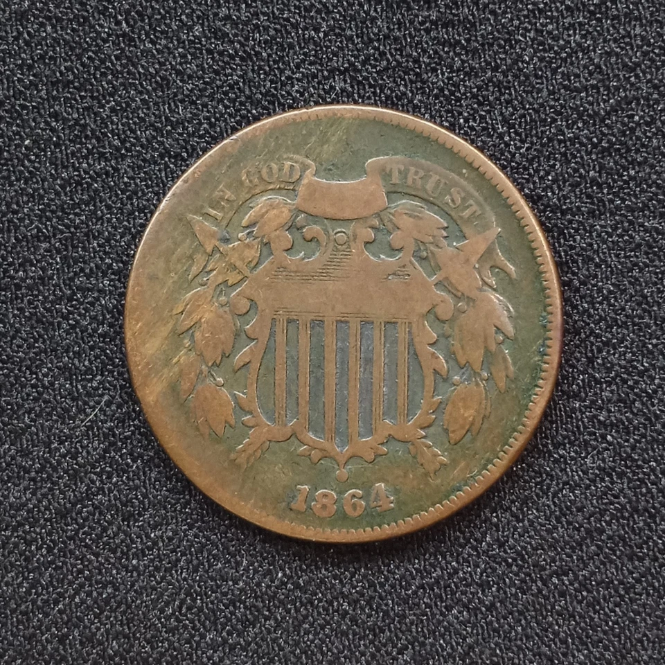WOODY 1864 2 Cent Copper Coin Dbl Error Improper Alloy Mix and  Tilted Planchet - Image 4 of 4