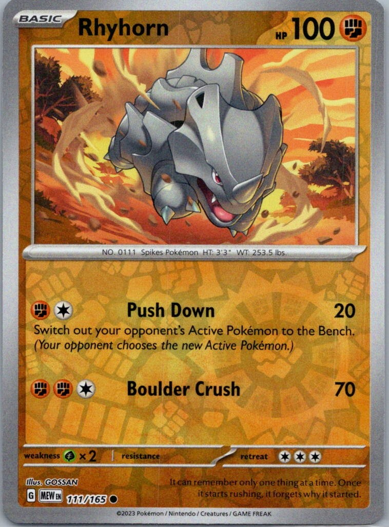 Pokemon Rhyhorn SV: Scarlet & Violet 151 111/165 Near Mint NM Reverse Holo
