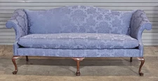 Southwood Mahogany Queen Anne Style Sofa Williamsburg Blue Damask Fabric