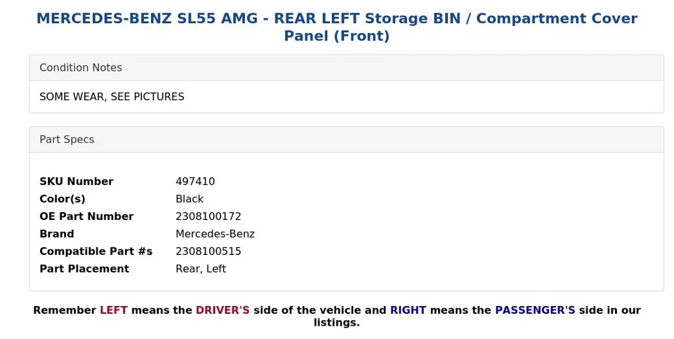 MERCEDES-BENZ SL55 AMG - CONTENEDOR DE ALMACENAMIENTO TRASERO IZQUIERDO / Panel de cubierta de compartimento (delantero) Foto 3 de 4