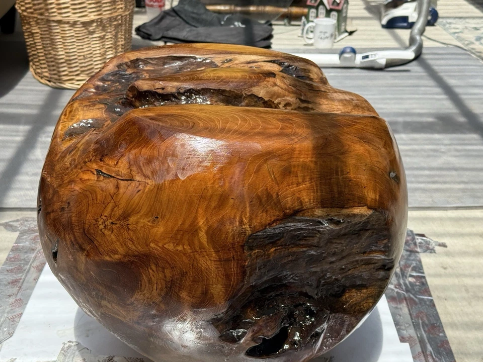 Teak Burl Epoxy Glass Top Side Table Handmade Floating Base Modern 22.5”H - Image 3 of 4
